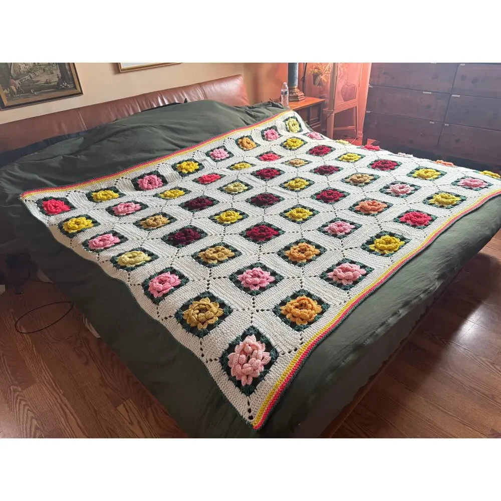 Vintage Granny 3D Rose Square Crochet Afghan Blanket Multi Color Handmade Flower